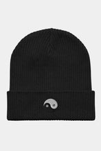 Load image into Gallery viewer, 5preview organic ribbed beanie black with yin yang patch on front fold

