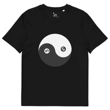 Load image into Gallery viewer, 5preview unisex organic cotton t-shirt black with yin yang logo and brand print front view
