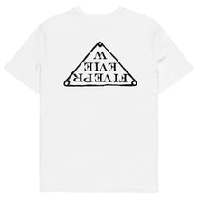 Load image into Gallery viewer, 5preview unisex organic cotton t-shirt white with large black upside-down triangle logo on back
